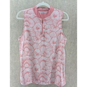 Tommy Bahama Golf Womens Sleeveless Pink White Fan Print 1/4 Zip Polo Shirt L G